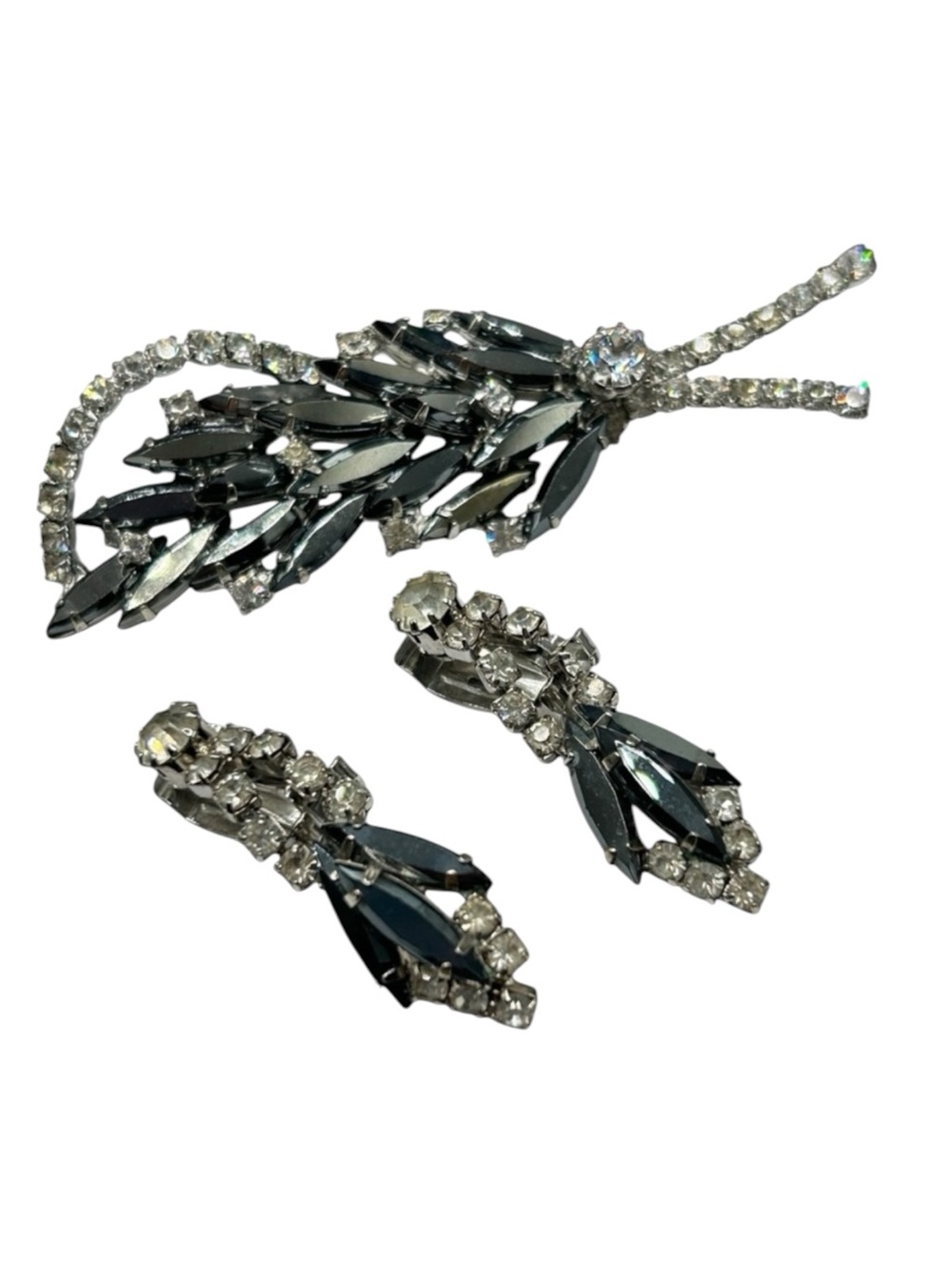 Vintage Hematite Rhinestone Leaf Brooch and Earring Set